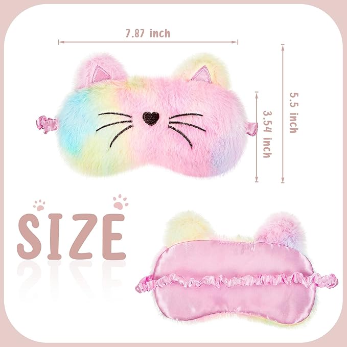 Geyoga Sleep Mask for Kids, Girls Plush Sleeping Eye Cover Soft Eye Blindfold Cover Animal Shade for Kids(White, Pink and Rainbow Color,Cat Style)