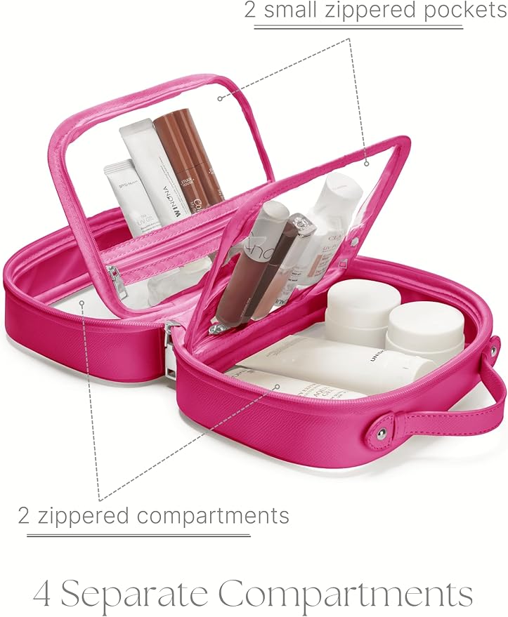 Clear Cosmetic Bag Double Layer Travel Toiletry Bag Clear Makeup Bag Case with 4 Compartments, Transparent Travel Bag for Toiletries, Large Toiletry Bag for Women Cosmetic Case (Hot Pink, Small)
