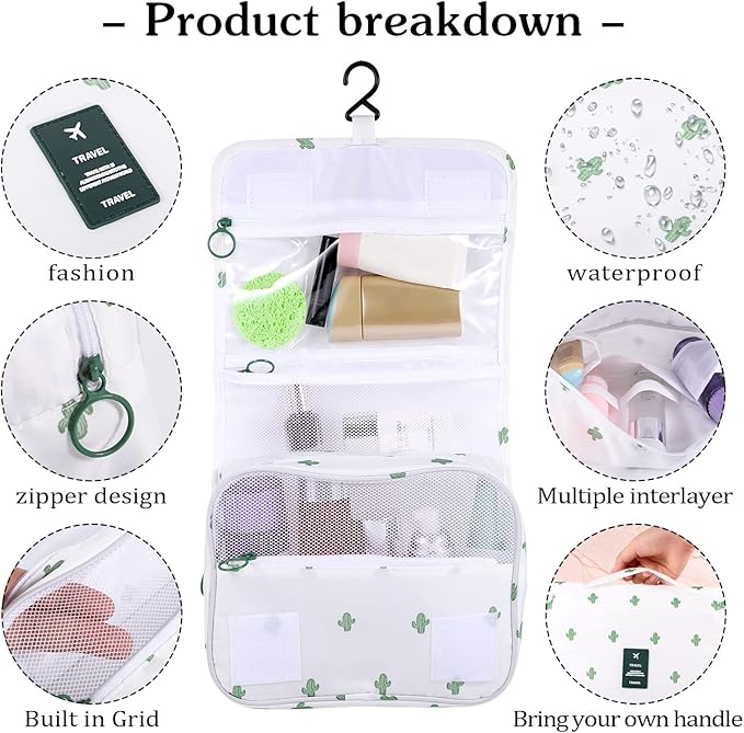 Pengxiaomei Hanging Toiletry Bag, Cactus White Waterproof Cosmetic Bag Portable Makeup Pouch Travel Wash Bag with Handle for Kids Teen Girls Tea Party Mothers Day Gifts