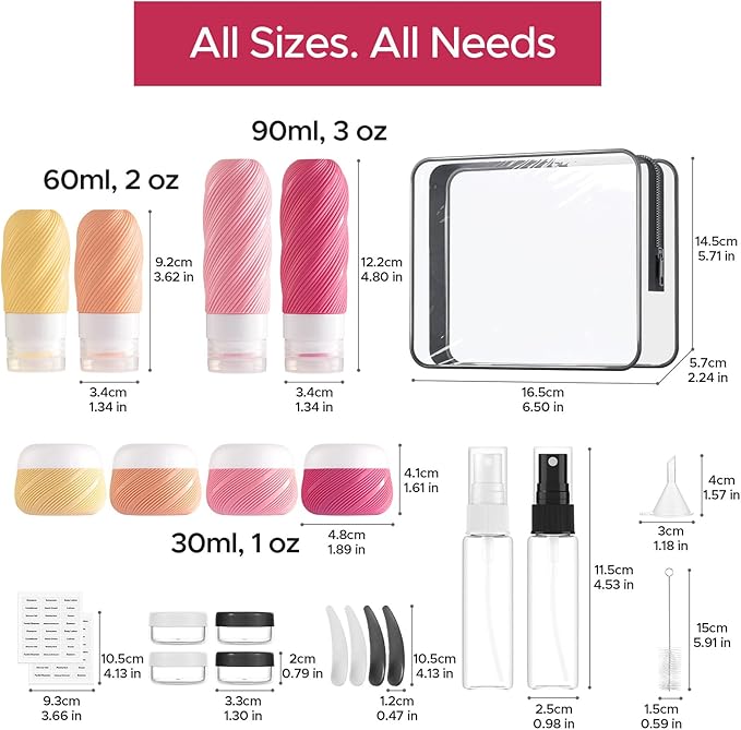 LitBear 23 Pack TSA Approved Travel Bottles for Toiletries, Leak Proof Refillable Travel Size Containers Kit with Silicone Squeezable Bottles Jars for Shampoo Lotion Conditioner, in Clear Bag, Pink