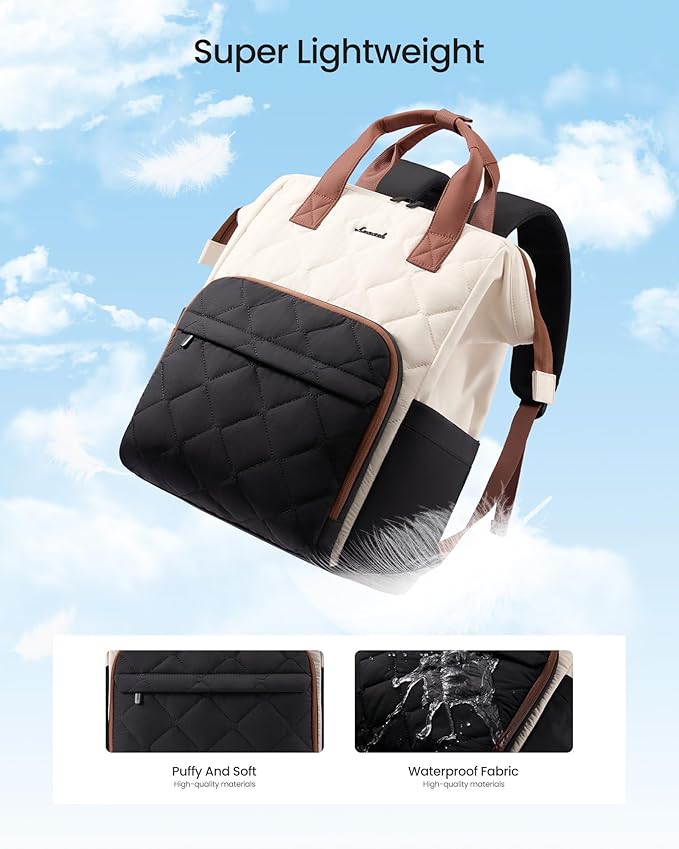 LOVEVOOK Laptop Backpack for Women, 17.3 inch Work Travel Backpack Purse, Puffer Quilted Laptop Backpack Casual Daypack for Nurse Teacher，Black-White-Brown