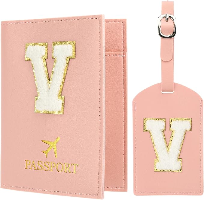 PATIKIL Passport Holder for Travel, Initial Passport Cover and Luggage Tag Set with Alphabet Chenille Letter Patch Travel Wallet Bag Suitcase Identifier for Women Family Travel Pink V
