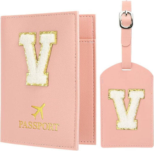 PATIKIL Passport Holder for Travel, Initial Passport Cover and Luggage Tag Set with Alphabet Chenille Letter Patch Travel Wallet Bag Suitcase Identifier for Women Family Travel Pink V