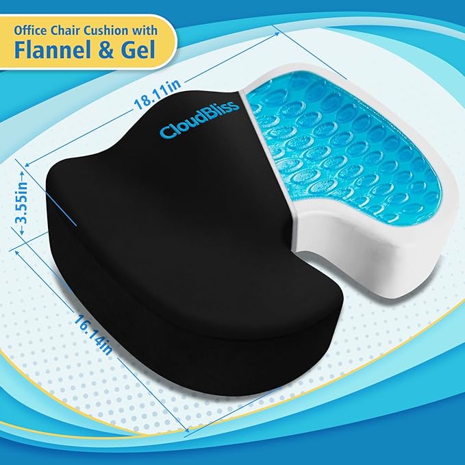 CloudBliss Gel Seat Cushion - Cooling Gel Enhanced, Memory Foam, Ergonomic Seat Cushion for Long Sitting for Office, Game, Car, Airplane (X-Large, Black)