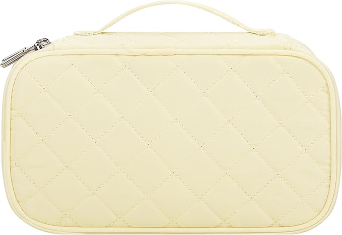 Relavel Travel Makeup Bag, Small Cosmetic Bag with Makeup Brush Compartment, Double Layer Makeup Organizer Bag, Portable Toiletry Bag Makeup Pouch for Women, White