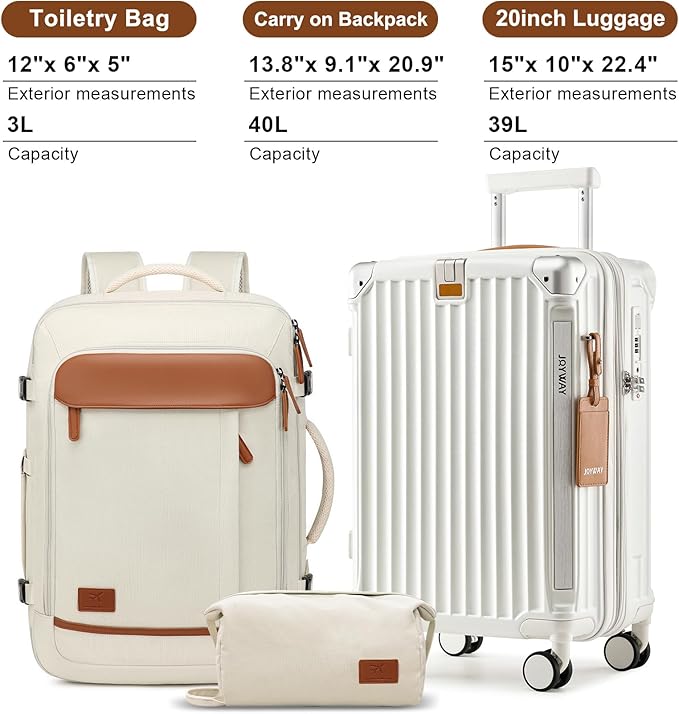 Joyway 20in Carry On Luggage with Cup Holder and USB Port, 25% Expandable Capacity, Smart Suitcase with Anti Slip Wheels and Backpack, Perfect for Men and Women 3 Piece Set White