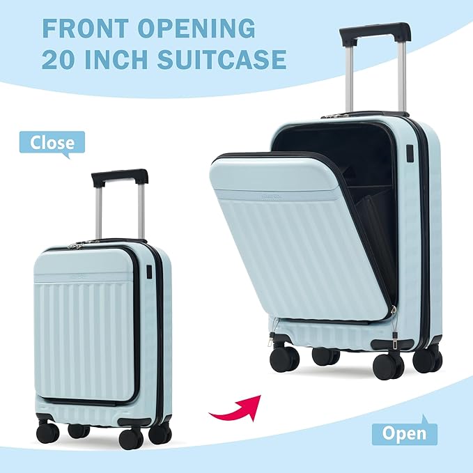 Merax Luggage Sets 2 Piece Front Opening, Hardside Lightweight Carry on Suitcase with USB Port,Durable Expandable Luggage with Bags Spinner Wheels and TSA Lock,Light Blue