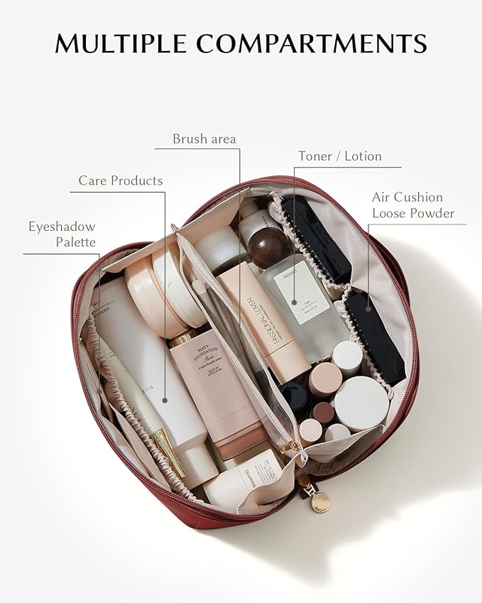 EACHY Travel Makeup Bag, Large Capacity Cosmetic Bag for Women, Waterproof PU Leather, Flat Open Portable Toiletry Bag for Skincare, Brushes & Travel Essentials