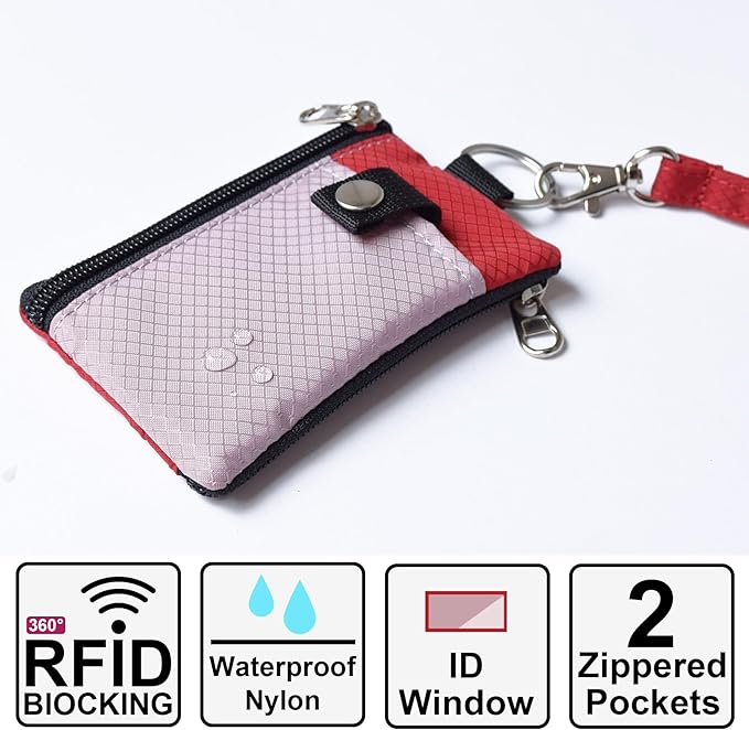 CHENSPRX Minimalist RFID Blocking Small Wallet with ID Window,WaterResistant Zip Id Case Wallet with Lanyard Keychain for Cards,Cash,Travel,Women,Men