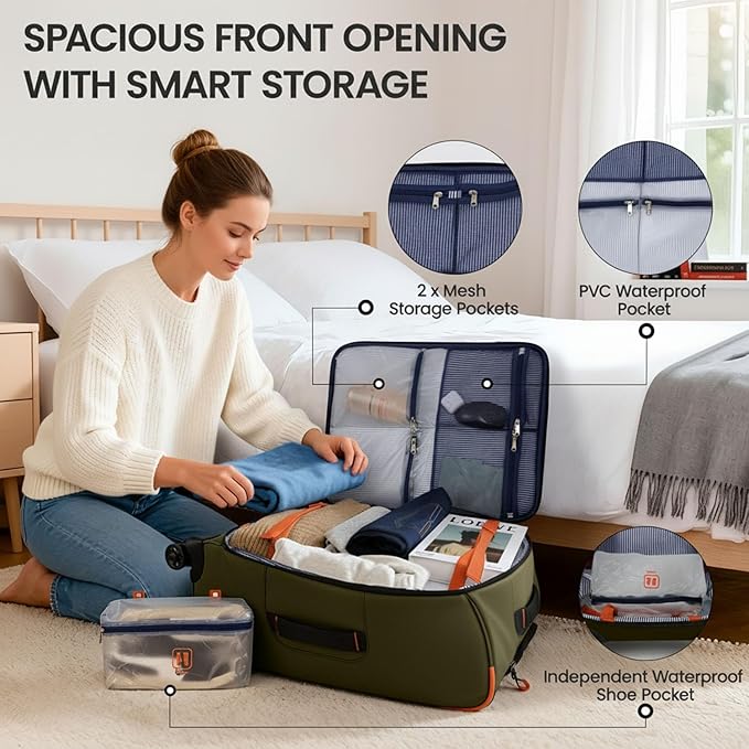 3-Piece Softside Upright Luggage Set with Front Open Pocket, Lightweight and Waterproof Durable Suitcase Sets Double Spinner Wheels（Green, 22in/26in/30in）