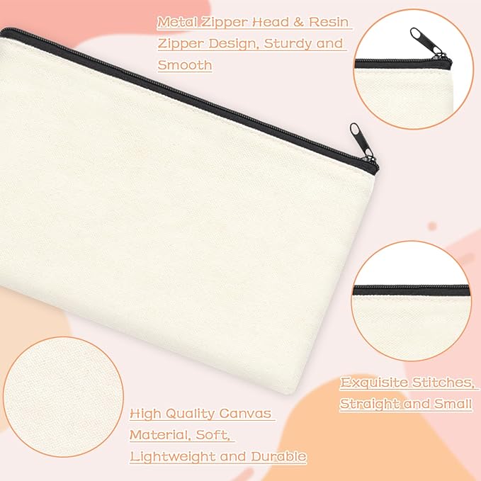 ZeeDix Canvas Pouch- Multi-purpose Cosmetic Bag with Zipper, DIY Craft Canvas Zipper Pouch Blank Makeup Bags Bulk Travel Toiletry Bag for Storage (8.3 x 5 inches)