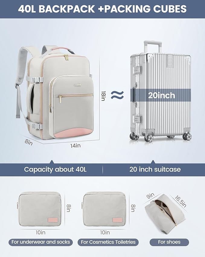LOVEVOOK Travel Backpack for Women & Men 40L,Airline Approved Carry On Backpack Travel Essentials,TSA Carry on Luggage,Waterproof Personal Item Travel Bag,Suitcase with 3 Packing Cubes,Light gray-Pink