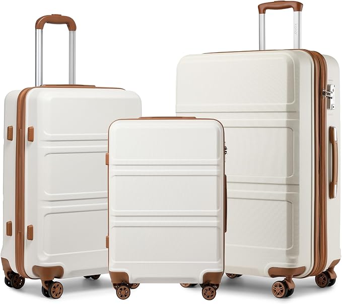 Kono 3 Piece Luggage Sets Expandable(only 28") with Spinner Wheels TSA Lock Lightweight PC+ABS Hardside Travel Rolling Suitcases 20in 24in 28in Carry on Cream White