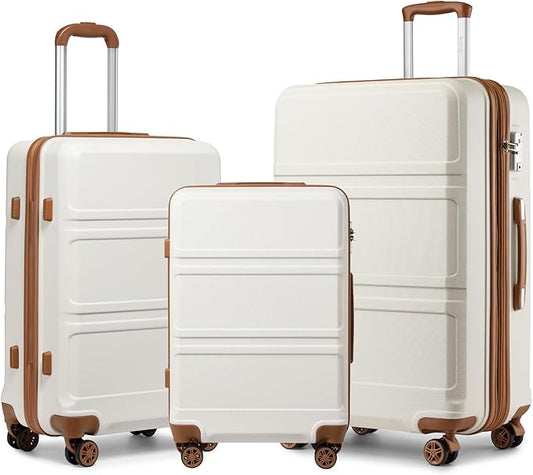 Kono 3 Piece Luggage Sets Expandable(only 28") with Spinner Wheels TSA Lock Lightweight PC+ABS Hardside Travel Rolling Suitcases 20in 24in 28in Carry on Cream White
