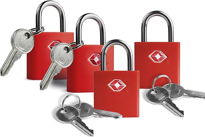 TSA Locks for Luggage with Key, Travel Luggage Locks TSA Approved 4 Pack, Small Padlock with Key, Same Keyed Mini Padlock for Suitcase, Backpack, Bag, Purse, Tent, Zipper, Tool Box (Red)