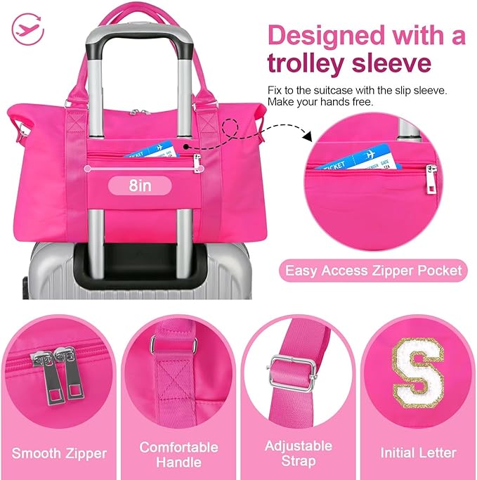 Dance Gym Duffel Bag for Teen Girls, Personalized Initial Travel Weekender Bag,Cute Overnight Carry On Duffle for Women,Sports Travel Cheer Bag,Monogram Christmas Gifts for Tween Preppy(rosered-S)