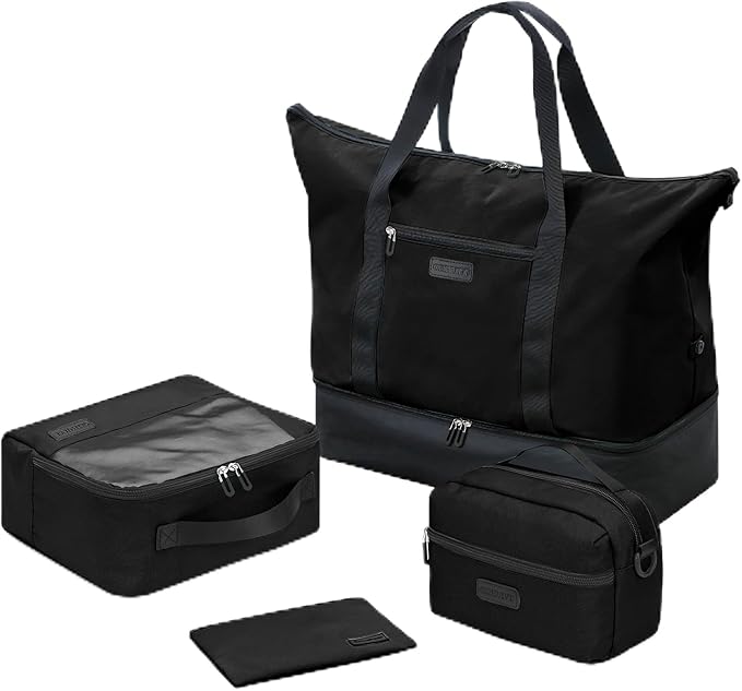 Oeihuivt Weekender Bags for Women - 21 Inch Large Travel Duffel Bag 2-Piece Set with Shoe Compartment, Heavy-Duty Canvas Leather Carry On Overnight Tote