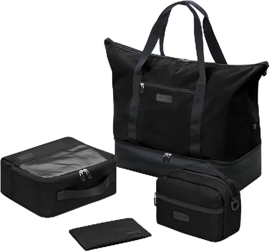 Oeihuivt Weekender Bags for Women - 21 Inch Large Travel Duffel Bag 2-Piece Set with Shoe Compartment, Heavy-Duty Canvas Leather Carry On Overnight Tote
