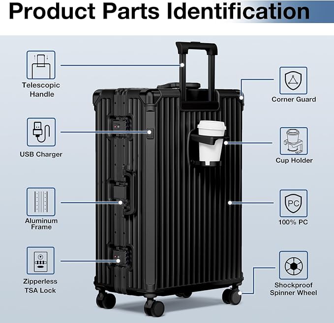 Krute Zipperless Luggage Set 2 Pieces Aluminum Frame PC Hard Shell No Zipper Suitcase Set With Wheels TSA Lock Carry On Luggage and Checked Suitcases
