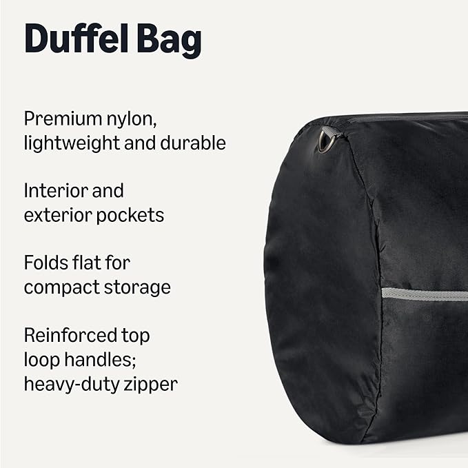 Amazon Essentials Extra Large Foldable Nylon Duffel Bag for Travel/Storage with Zippered Pockets, 32.4", 150L, 50-LBS Capacity, Black (Previously Amazon Basics)