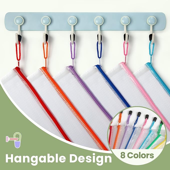 Smarpau 8pcs Zipper Pouch, 8 Sizes 8 Colors Plastic Zipper Bags for Organizing, Multipurpose Waterproof Zip Document Pouches for Office, Travel, Board Game Storage