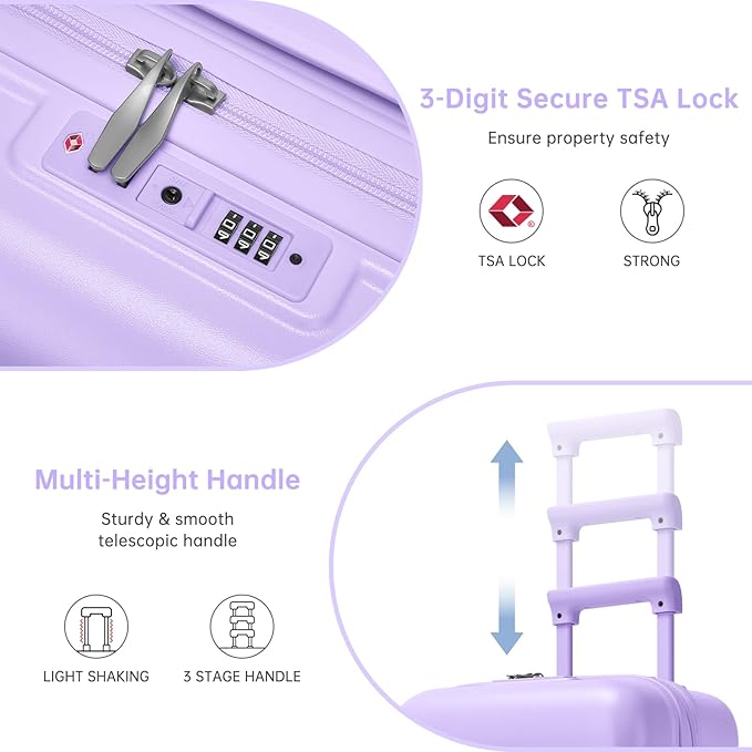Luggage Sets 3 Piece, Carry On Luggage 22x14x9 Airline Approve PC Hardside Suitcase Set with Wheels TSA Lock, Durable Carry-On Suitcase with Duffel Bag for Women (Lavender)