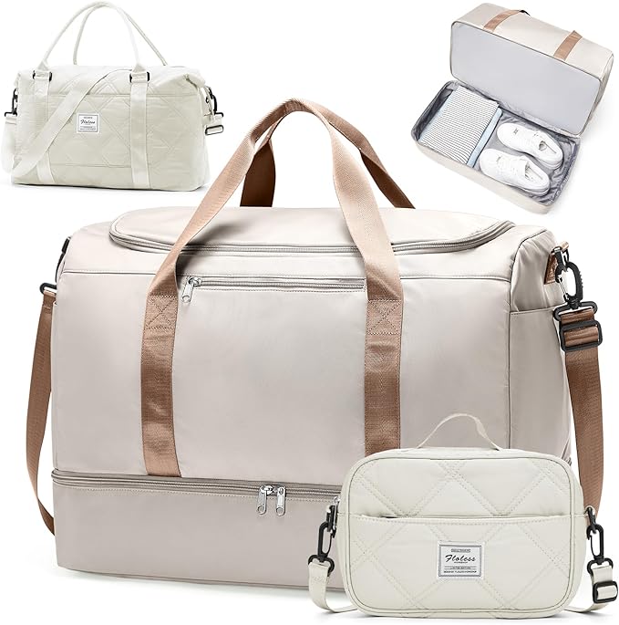 Extra Large Travel Duffle Bag,Carry on Overnight Bag with Shoes Compartment,Weekender Bags for Women for Travel Business Trips Sport Hospital,3 Pcs Set,Beige & Brown