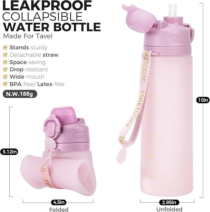 TakeToday Collapsible Water Bottles 21oz (600mL), Foldable Platinum Silicone Travel Water Bottle with Straw & Carry Strap, Leak-Resistant Screw Lid, Wide Mouth, BPA-Free for Hiking, Camping, Travel