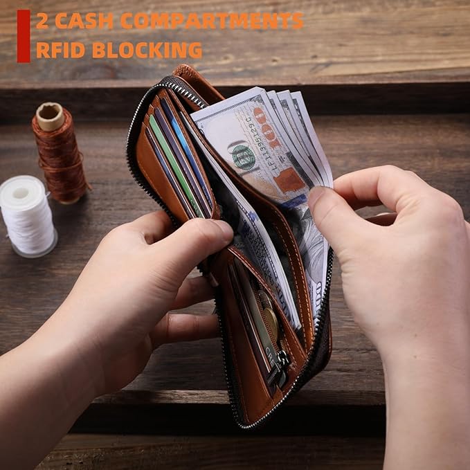 BULLCAPTAIN Genuine Leather Men's Wallet with Zipper Vintage RFID Blocking Large Capacity Wallet for Men with 14 Credit Card Slots and 1 ID Window T23 (Brown)
