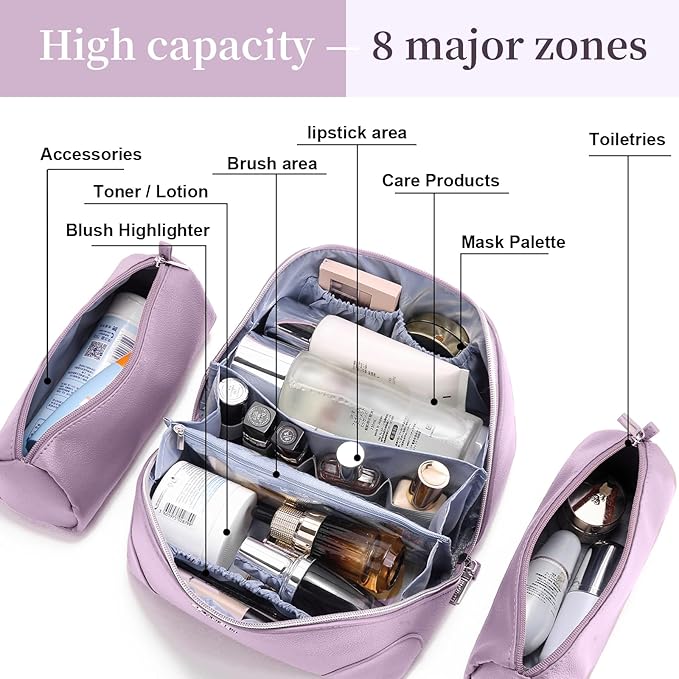 BOYATU Travel Makeup Bag Cosmetic Bags for Women: 3 Pcs Set Large Capacity Make up Bag with Handle - Waterproof Vegan Leather Toiletry Bags Travel Essentials with Compartments(C-4-Purple)