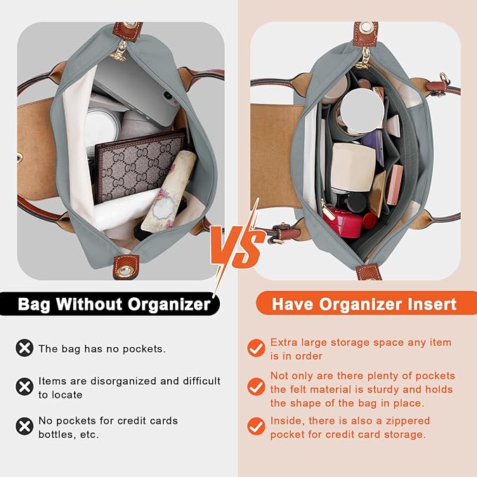 LOUKAYCCI Felt Purse Organizer Insert for Longchamp Le Pliage L Handbag Insert (Light Grey, Large)