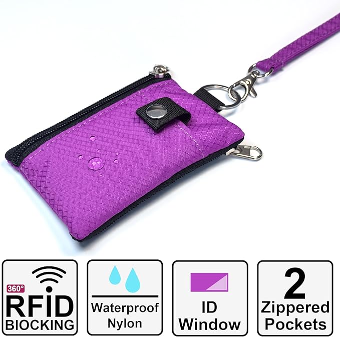 CHENSPRX Minimalist RFID Blocking Small Wallet with ID Window,WaterResistant Zip Id Case Wallet with Lanyard Keychain for Cards,Cash,Travel,Women,Men
