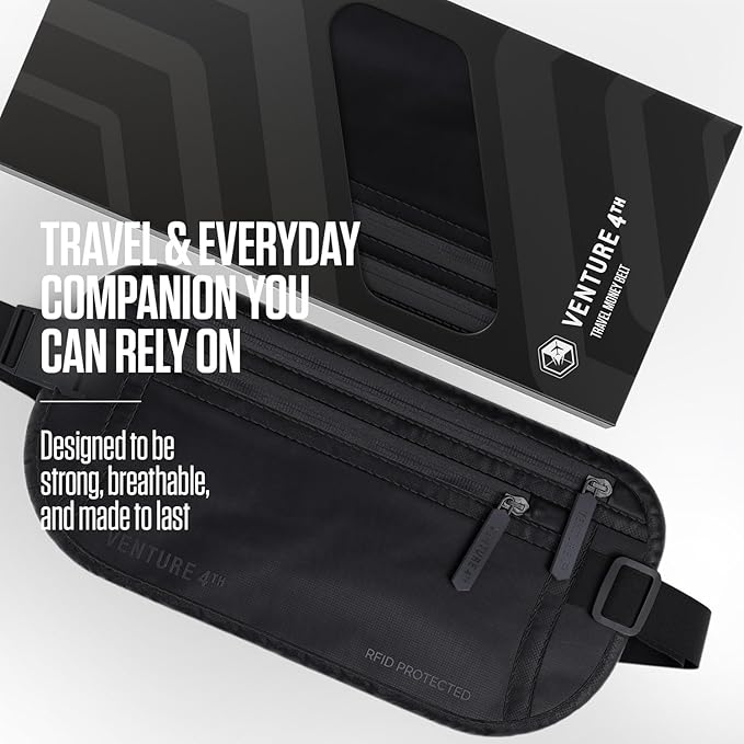 VENTURE 4TH Money Belt for Travel – Hidden Under-Clothes RFID Blocking Passport Holder & Slim Travel Wallet Pouch for Men & Women to Protect Cash, Cards & Documents (Sleek Black)