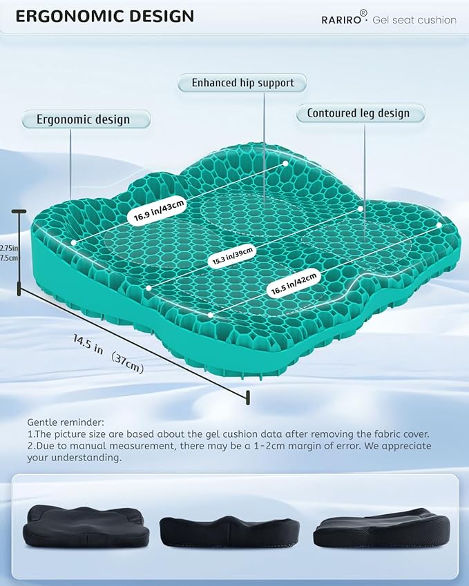 Thickened Gel Seat Cushion, Egg Gel Chair Pads for Wheelchair Pressure Coccyx Sciatica Pain Relief, Cooling Desk Seat Cushion for Kayak, Car, Office Chair Long Sitting[Green-2.75"]