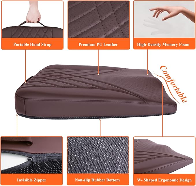 kingphenix Premium Car Seat Cushion, Memory Foam Driver Seat Cushion to Improve Driving View- Coccyx & Lower Back Pain Relief - Seat Cushion for Car, Truck, Office Chair (Leather Brown)