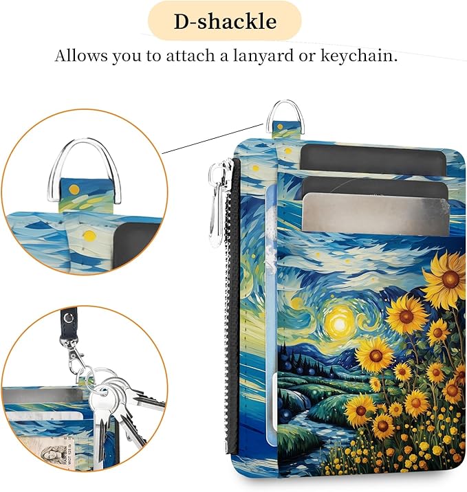 Hancynir Sunflower Starry Night Small Wallet Women Credit Card Holder, Slim RFID Blocking Keychain Card Wallets, Mini Front Pocket PU Leather Thin Travel Zipper Coin Cash Ladies Wallet Organizer Gifts