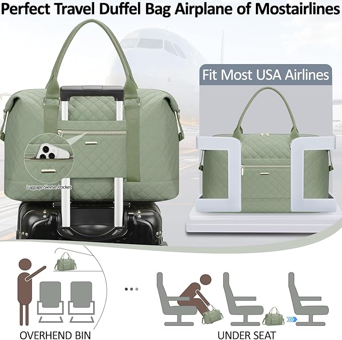 Quilted Travel Duffle Bag for Travel Women with Toiletry Bag, Large Weekender Bags for Women Carry on Duffel Overnight Bag, Waterproof Travel Tote Bags for Sports, Weekender, Business, Green