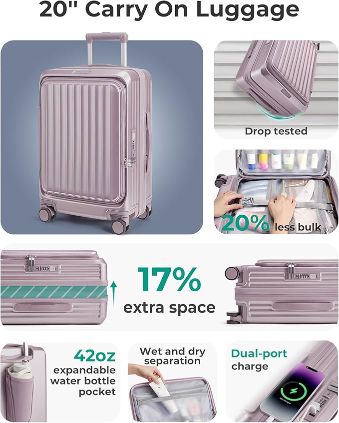 BAGSMART Top Opening Carry On Luggage 22x14x9 Airline Approved with TSA Lock, Expandable 20 Inch Deep Compartment Hard Shell Suitcases with Double Spinner Wheels, Purple