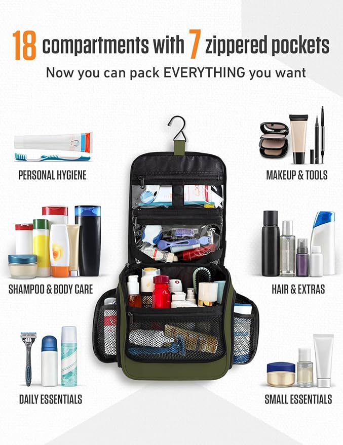 VENTURE 4TH Hanging Travel Toiletry Bag for Women & Men – Large Toiletry Organizer with 18 Compartments, Removable TSA Pouch, Travel Wash Bag for Toiletries, Makeup & Shaving Kit (Dark Green)