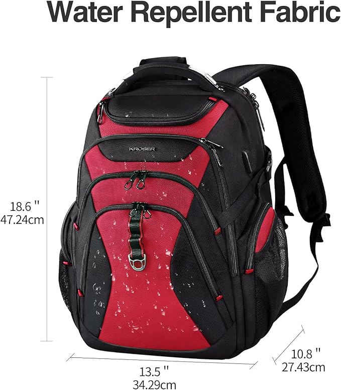 KROSER Travel Laptop Backpack 17.3 Inch XL Computer Backpack with Hard Shell Saferoom RFID Pockets Water-Repellent Business College Daypack Stylish Bag for Men/Women-Black Red