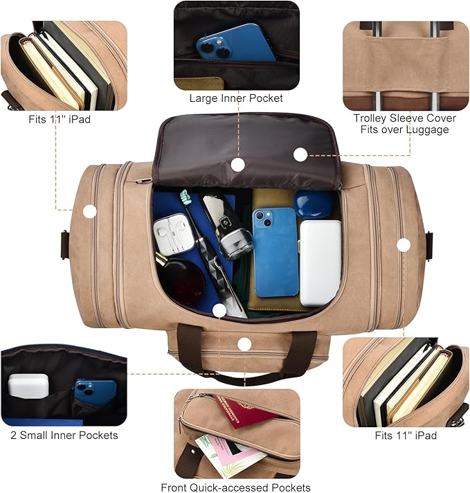 Litvyak Duffle Bag for Travel, Large 60L Canvas Travel Duffel Bags Overnight Weekend Gym Carry On Luggage Bag for Men & Women(Coffee)