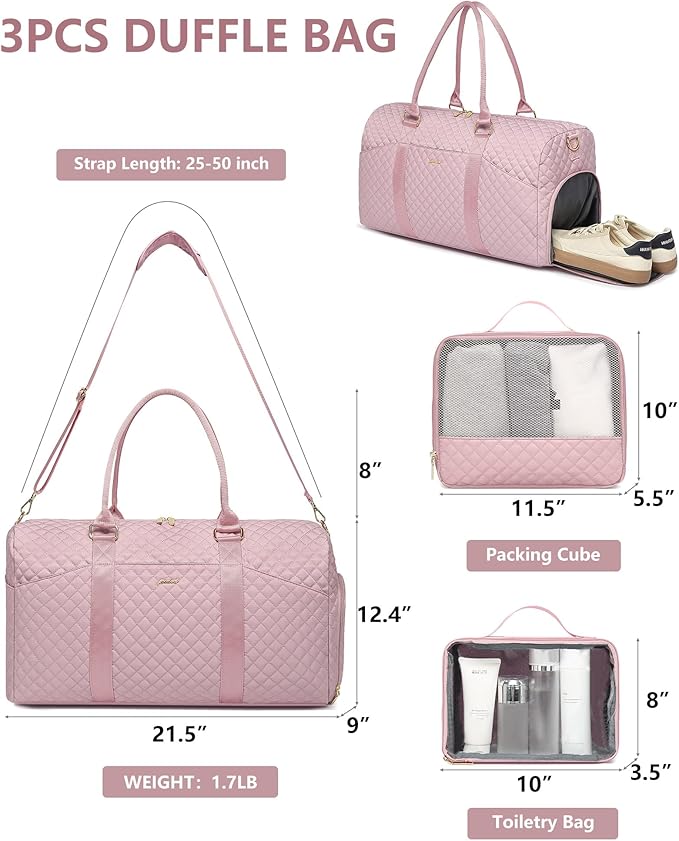 Women Weekender Travel Duffle Bag: Travel Duffel Overnight Bags with Shoe Compartment Large Carry on Tote with Toiletry Bag Weekend Traveling Yoga Gym Hospital Bag for Women with Wet Pocket 3 PCS Set