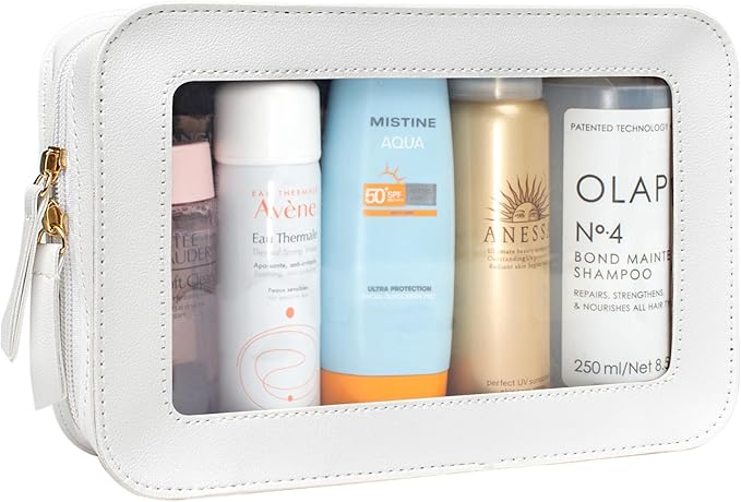 LETGO Clear Toiletry Bag, Portable Travel Makeup Pouch with Zipper, TSA Approved Organizer, PVC Cosmetic for Airport Airline Compliant (White)