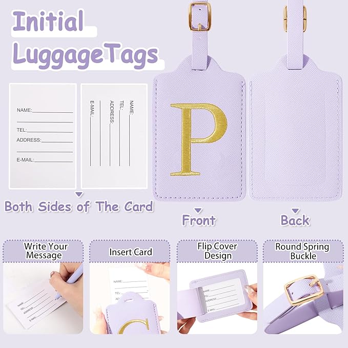 Initial Letter Luggage Tags for Suitcases, Personalized Embroidered Letter Luggage Bag Suitcase Identifier Name Tag, Cute PU Leather Travel Luggage Tags, Bag Tags for Luggage Handbags(Purple P)