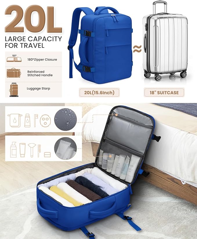 Pritent Travel Backpack for Women Man, Waterproof Personal Item Travel Bag Airline Approved Laptop Backpack Bookbag Weekender bags for Business,Travel, Work Fits 15.6 inch Laptop(Medium,Royal Blue)