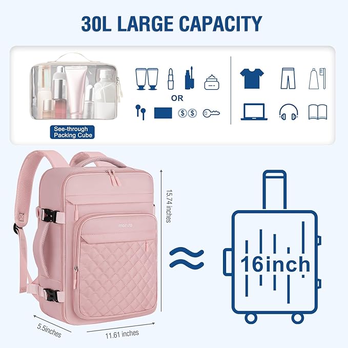 MOSISO Travel Backpack for Women Men, 15-15.6 inch Rhombus Quilted Laptop Backpack Flight Approved with Packing Cubes, 16 inch Carry on Daypack with USB Port for College Work Business, Pink