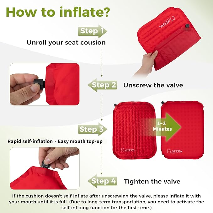ATEPA Inflatable Seat Cushion, Self-Inflating Portable Stadium Airplane Travel Foam Cushion Pad for Camping, Sports Events, Outdoor