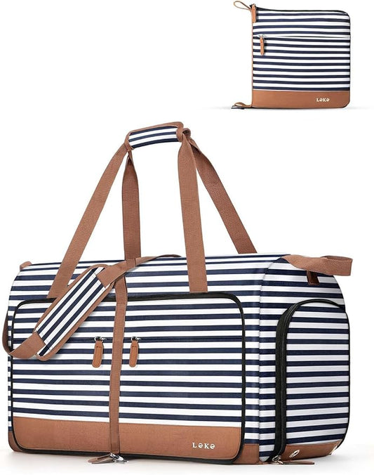 Lekesky Foldable Travel Duffle Bag for Women, Large Duffel Bag with Separate Shoes Compartments & Straps, Carry On Weekend Bag for Women, Hospital, Overnight (Blue Stripe, 30L)