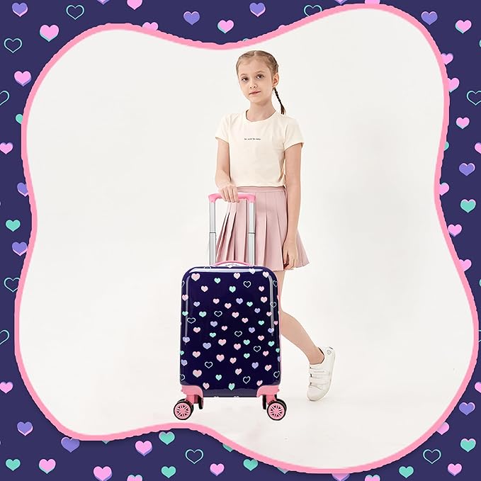 Kid's Luggage Set 2 Piece Suitcase Set Hardside Luggage with Spinner Wheels Girls Carry on Toddler Travel Rolling Suitcase with Neck Pillow Airline Approved