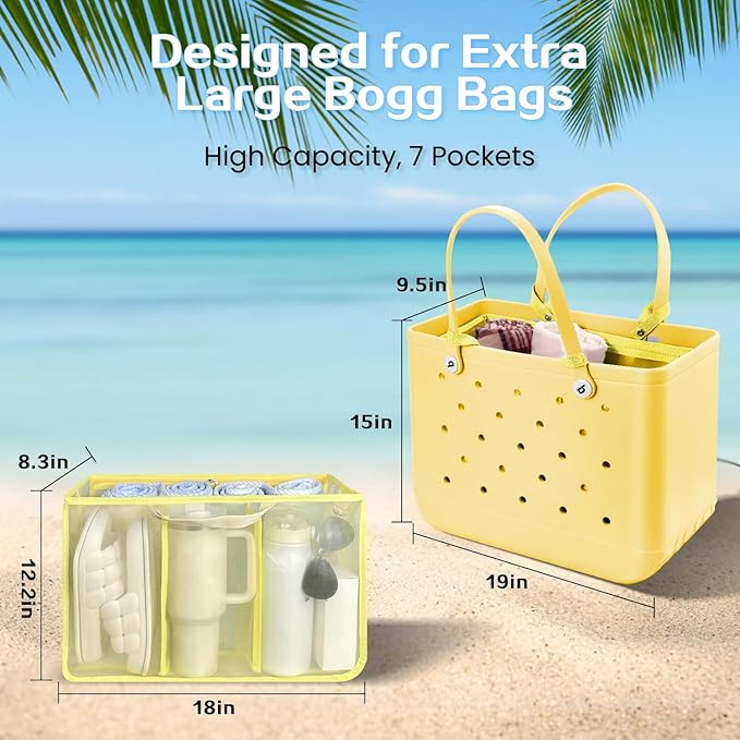 XYFuuee Beach Bag Organizer Inserts for X Large Bogg Bag Accessories, Original XL Lightweight Mesh Insert Divider Pouch, Organizing Rubber Tote Bags, Save Storage Space (Yellow-XL)